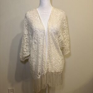 White Lace Cardigan with Fringe Open Front Dolman Sleeve M